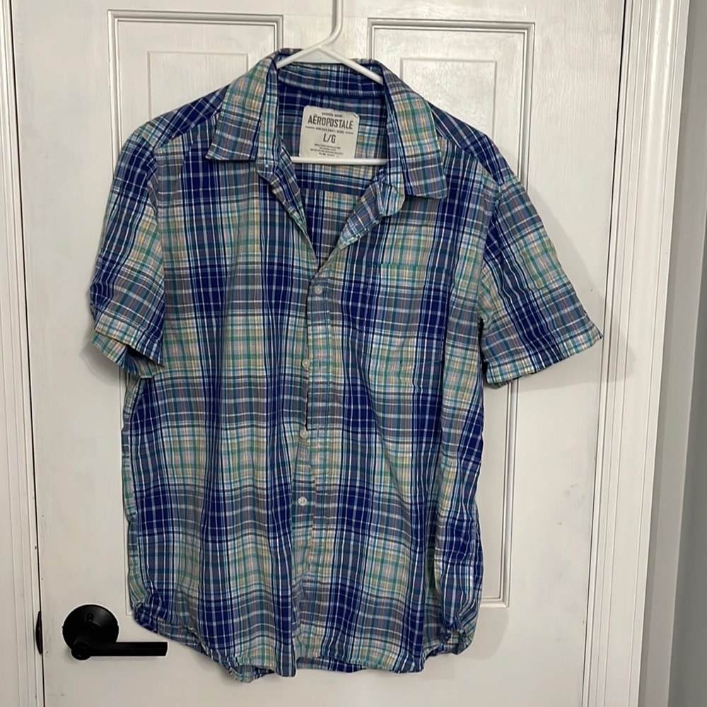 Mens blue & green plaid shirt sleeve button down shirt - Aeropostale - L